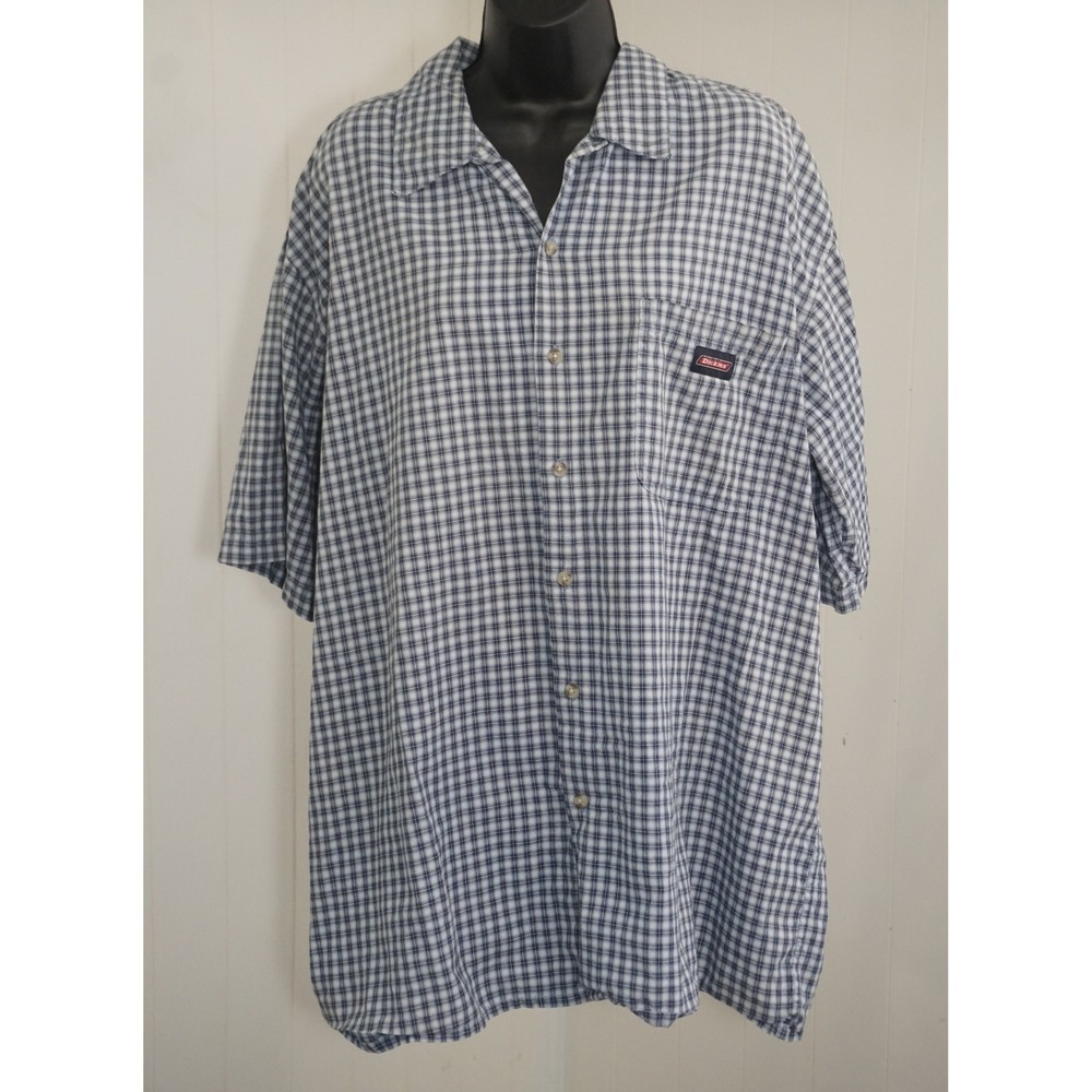 Dickies XL Short Sleeve Plaid Button Up Shirt Blue White Cotton Blend